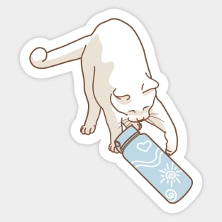 White cat knocking blue water bottle Sticker